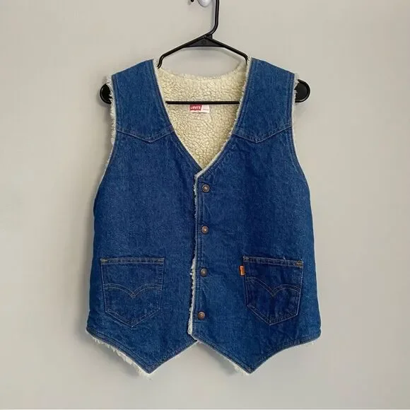 Vintage Levi’s 70s Fleece Lined Button Up Orange Tab Denim Vest - Picture 1 of 7